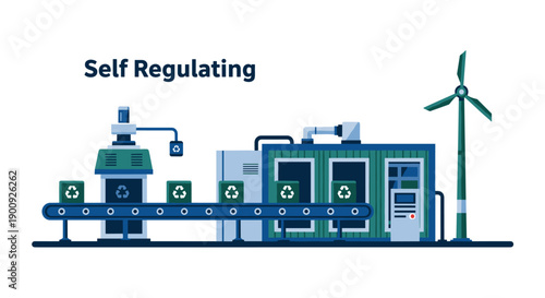 An automated factory conveyor belt system with recycling symbols and a wind turbine, illustrating self-regulating sustainable industrial processes and environmental responsibility.