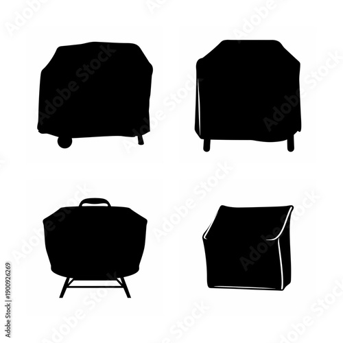Four different styles of outdoor grilling equipment silhouettes shown in black and white