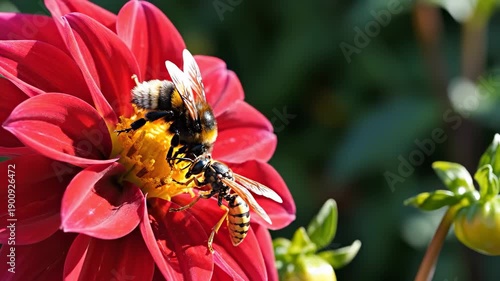 Two bees are on a vibrant red flower, collecting pollen. The bees, busy with their task, interact near the center of the flower in a bright garden.