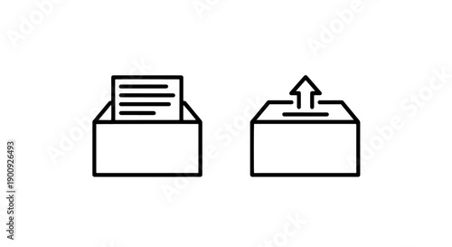 Outline icons showing document in a box and upload arrow emerging, vector illustration