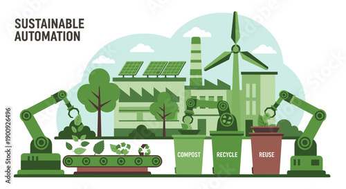 Sustainable automation concept with robotic arms sorting waste into compost, recycle, and reuse bins at an eco-friendly factory.