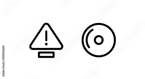 Outline icons of a warning sign and a CD or disc, vector illustration