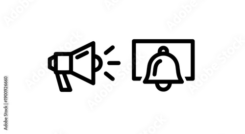 Outline icons showing a megaphone with sound waves and a bell in a frame, vector