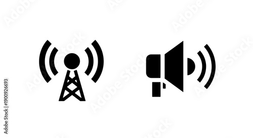 Black icons of a radio tower emitting waves and a megaphone with sound, vector