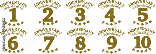 1周年から10周年まで対応したゴールドカラーのアニバーサリーロゴ装飾セット｜星モチーフ付きお祝いエンブレムデザイン｜企業創立記念・結婚記念日・イベント表彰に使える高級感周年バッジ素材