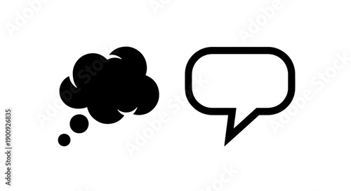 Two speech bubbles, one black cloud thought bubble and one outlined speech bubble