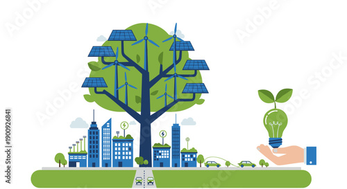 Sustainable city concept with a large tree powered by solar panels and wind turbines, symbolizing green energy and environmental protection.