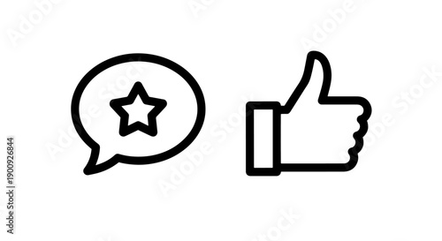 Speech bubble with star and thumbs up icons, symbolizing feedback and approval