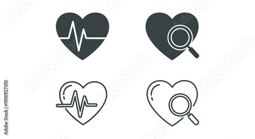 Set of four cardiology icons illustrating heart rhythm monitoring and medical examination