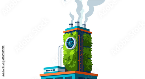 A modern, eco-friendly factory building with lush green walls and smokestacks emitting clean vapor, symbolizing sustainable industry and environmental responsibility.