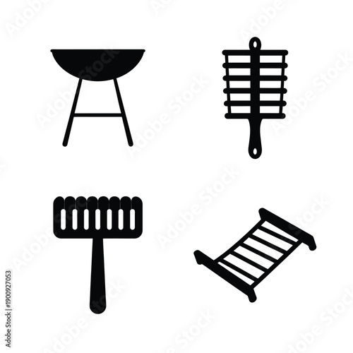 Set of four essential outdoor patio and grilling tools illustrated in black and white