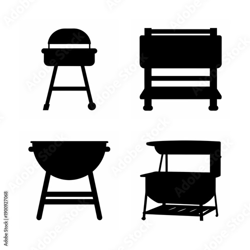 Four different styles of outdoor barbecue grills and cooking stations