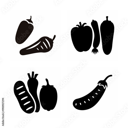 Black and white silhouettes of various types of peppers and eggplants