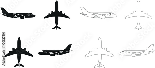 Airplane vector art solid black silhouettes and detailed outlines from top and side views, perfect for aviation, flight, and travel designs