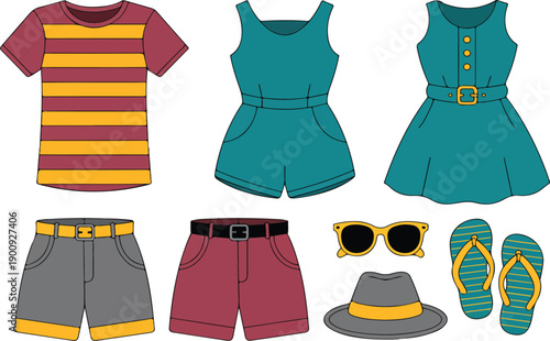 Summer Fashion Clothing Icons Set – Shirts, Dresses, Shorts, and Beach Accessories