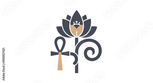 Ankh symbol with lotus flower and spiral design.