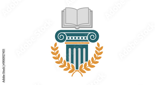 An emblem featuring a column, laurel wreath, and open book symbolizing knowledge and achievement.