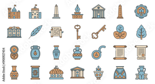 Collection of historical and cultural icons in blue and orange.