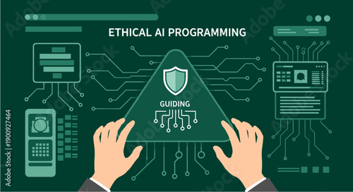 Conceptual illustration depicting ethical artificial intelligence programming, emphasizing human guidance and responsibility in advanced technology development.