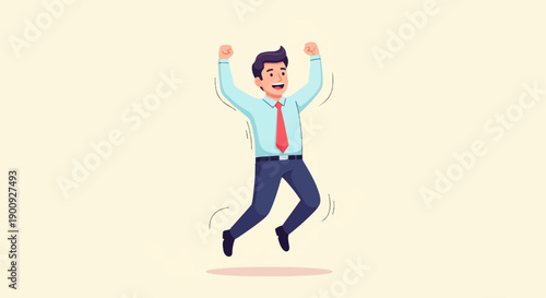A smiling businessman jumps with joy, arms raised in a celebration