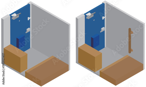 アイソメトリックな狭い玄関に手すりを設置する前と後のイラスト素材