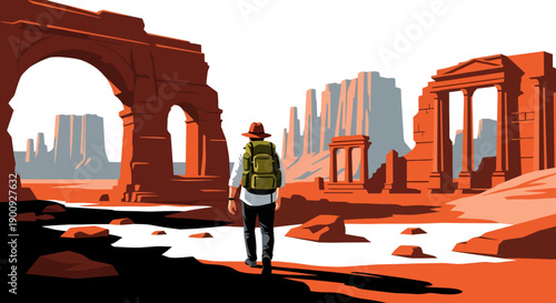 A backpack-clad adventurer journeys into a vast red desert, walking toward crumbling ancient arches that stand alongside towering natural sandstone mesas