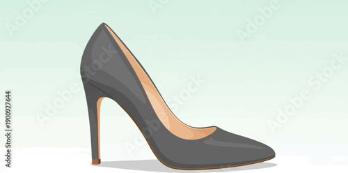 A single grey stiletto heel shoe with a pointed toe and light tan lining