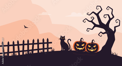 A silhouetted Halloween scene with a black cat, carved pumpkins, and a bare tree