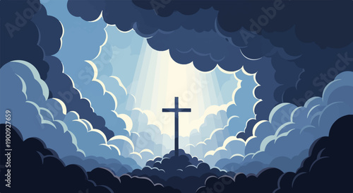A silhouette of a cross stands against a bright sky, amidst dramatic clouds