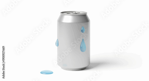 A silver can with blue water droplets on a white background