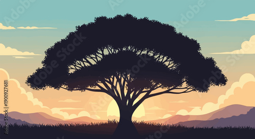 A silhouetted tree stands against a pixelated sunset with layered hills