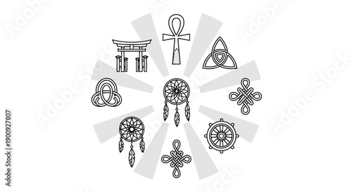 Collection of mystical and symbolic dreamcatcher elements in a circular arrangement.