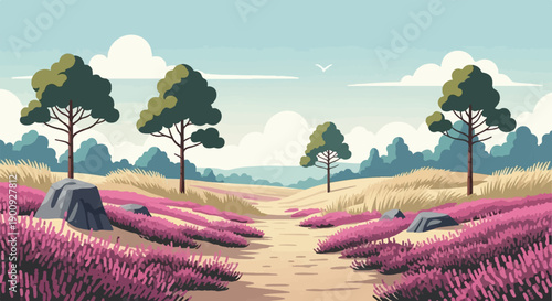 A scenic, pixelated landscape with a dirt path, heather, rocks, and trees