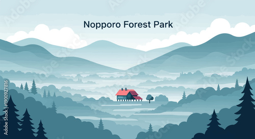 A scenic illustration of rolling mountains and misty forests with a distant house