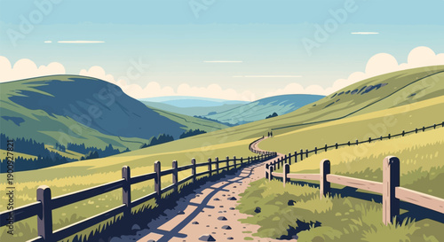 A scenic rural path winds through rolling green hills under a clear sky