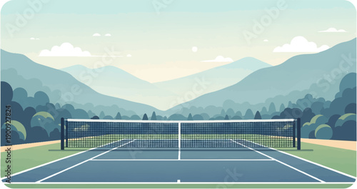 A scenic tennis court bordered by lush forests and distant mountains under a hazy sky