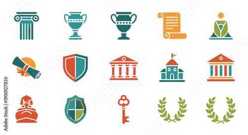 Collection of icons representing achievement and authority in various fields.