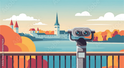 A scenic view of a city skyline with autumn foliage and a binocular