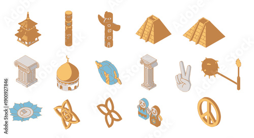 Collection of Golden Historical and Cultural Symbols and Landmarks.