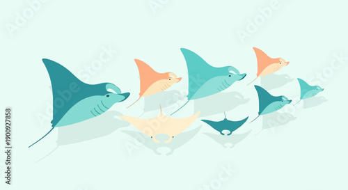 A school of colorful manta rays gracefully glides through calm, pale blue water