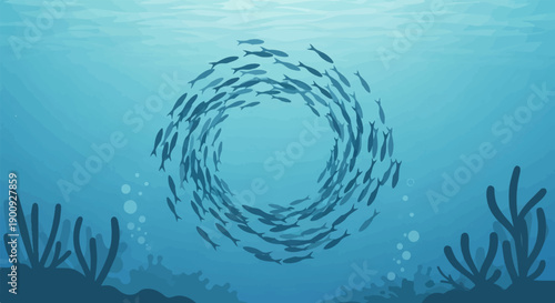 A school of fish swims in a circle underwater, surrounded by coral and bubbles