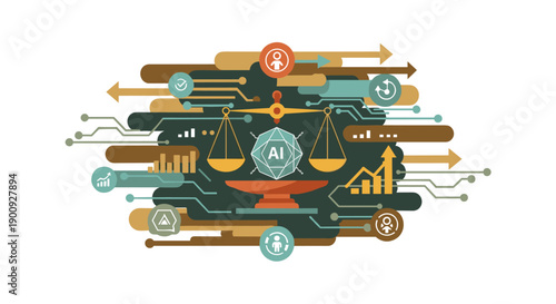 Conceptual illustration depicting the intricate balance between artificial intelligence, ethical considerations, and data-driven decision-making in a complex digital ecosystem.