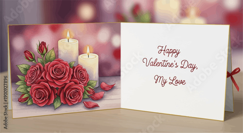 A romantic Valentine's Day card featuring red roses and lit candles