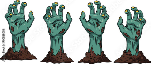 Scary green zombie hands rising from the ground in a graveyard for Halloween, creepy undead monster arms reaching out from dirt soil in cemetery.