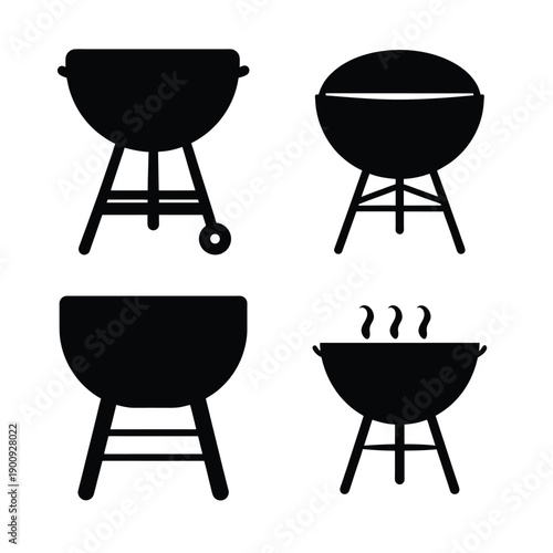 Four different states of a barbecue grill in black and white icons