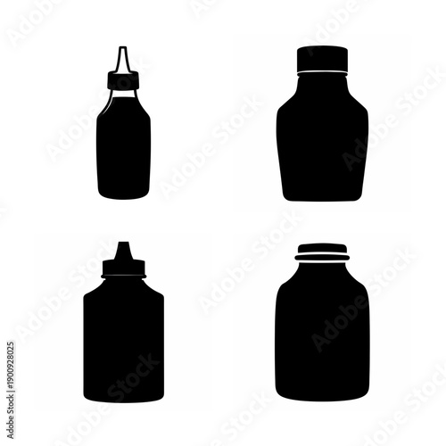 Four types of bottle caps and containers shown in silhouette style.