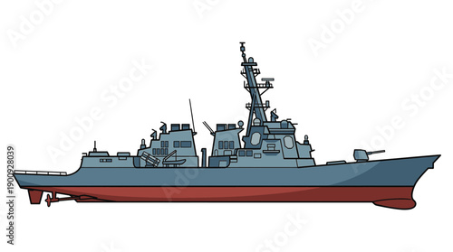 Modern Naval Warship Destroyer Side View Flat Vector Illustration