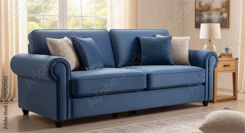 A plush blue sofa with decorative pillows sits in a well-lit living room