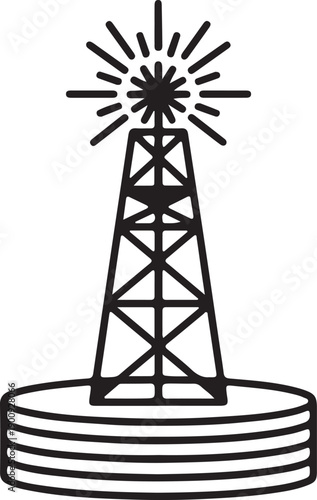 A detailed illustration of an oil derrick with a spark at the top