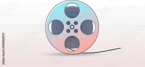 A retro movie film reel with a blue and pink gradient hue and a trailing cord